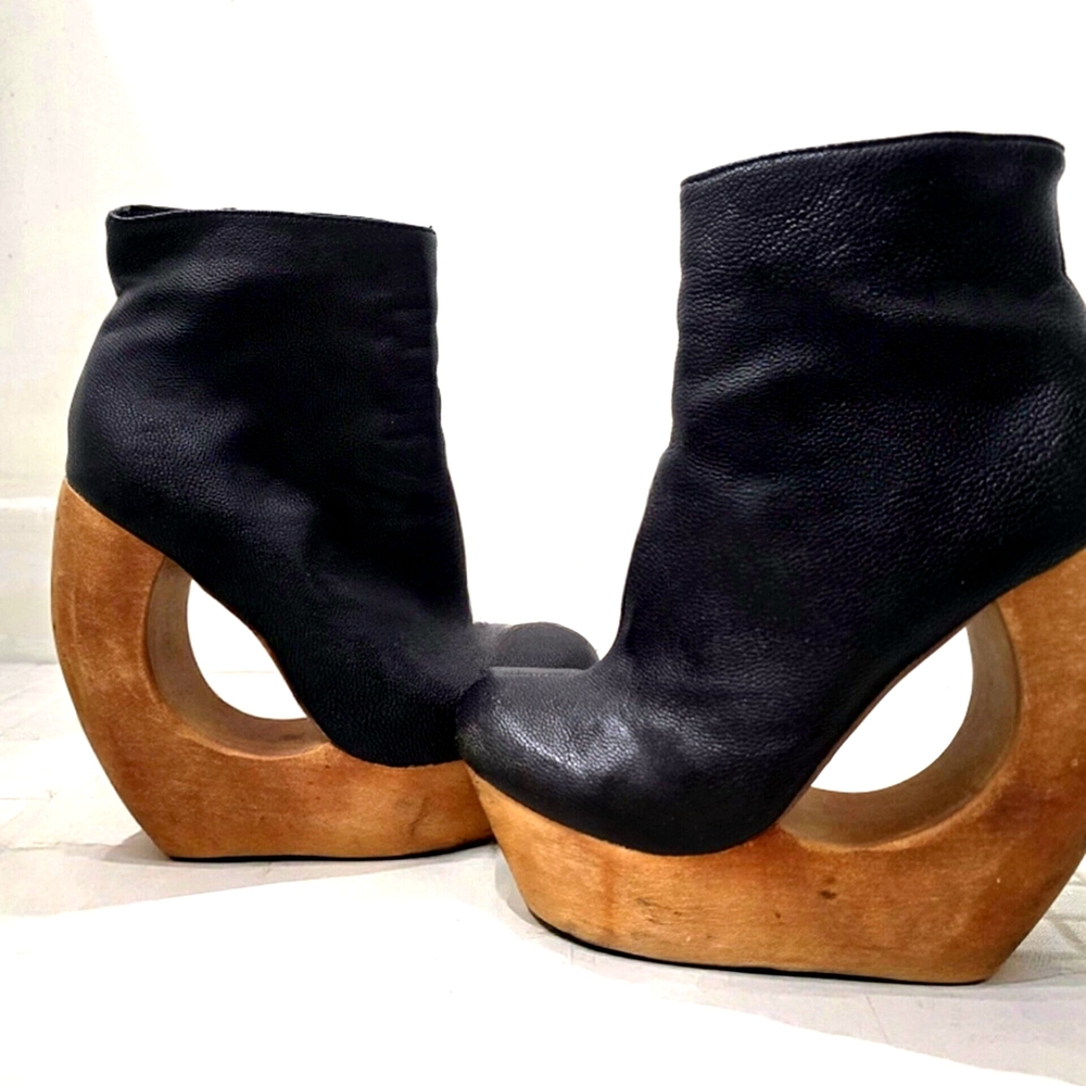Black Leather and Wood Sculpted Wedge Ankle Boots